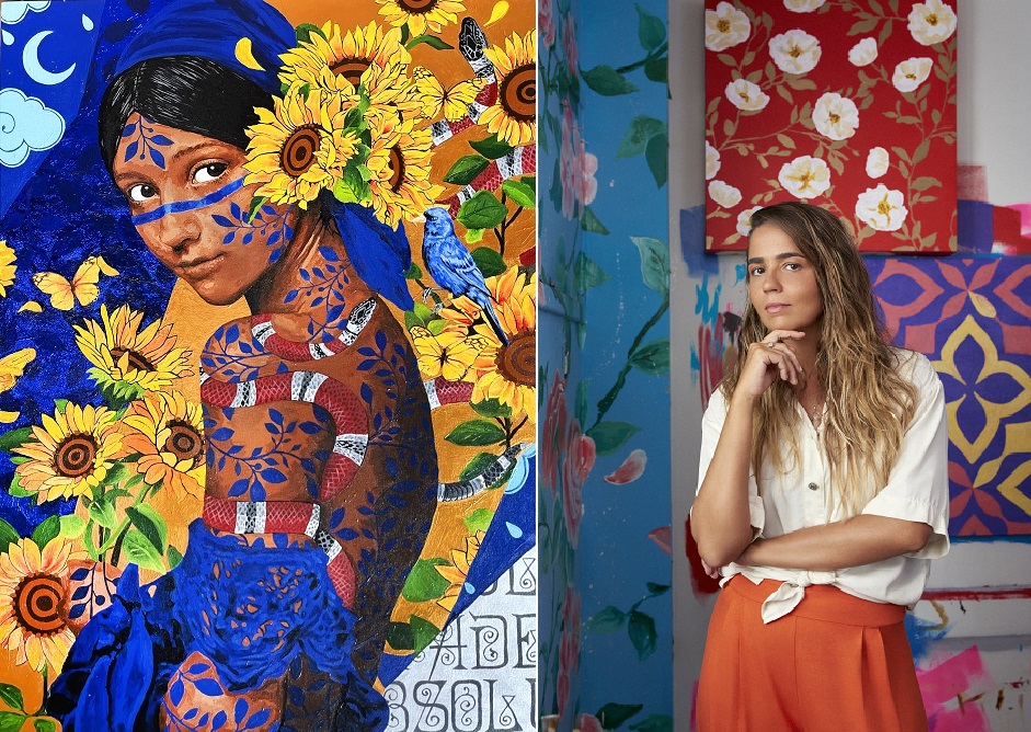 A obra Cabocla Jurema, Acrilica sobre tela, 150 x 110cm, ao lado, a artista Ananda Nahu | Foto: divulgação