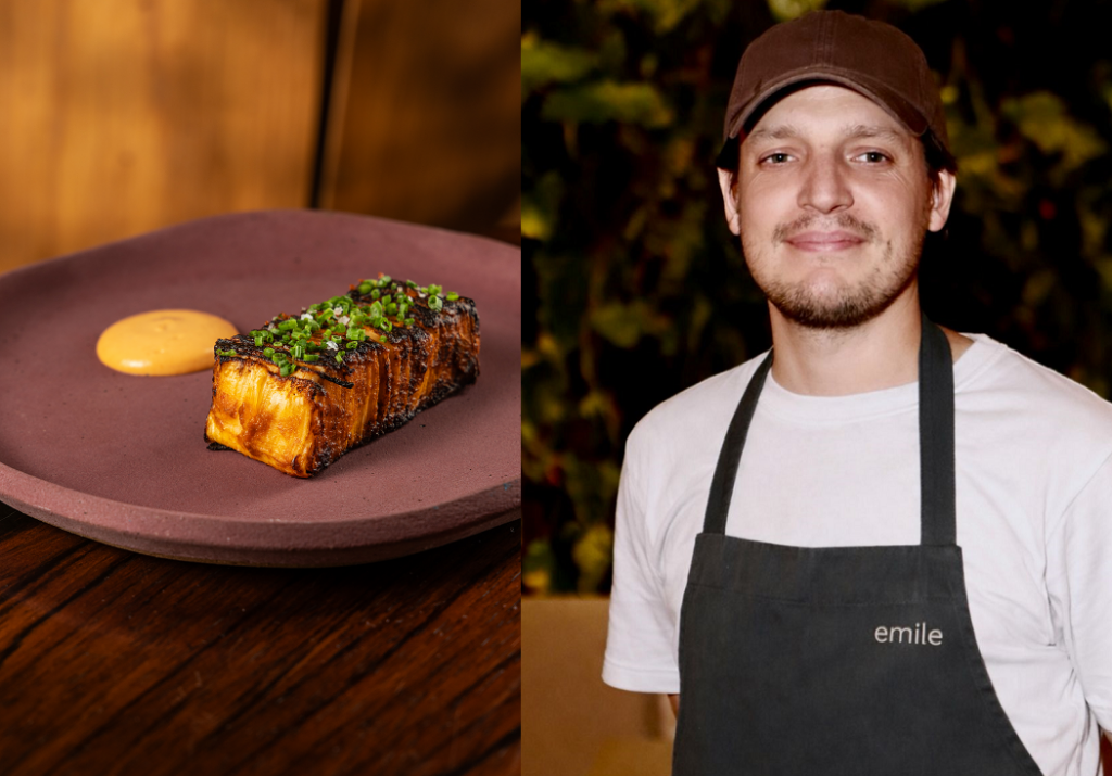 O prato Pupunha Pimenta Kimchi, e ao lado o Chef Bernabé Simón Padrós | Foto: Divulgação