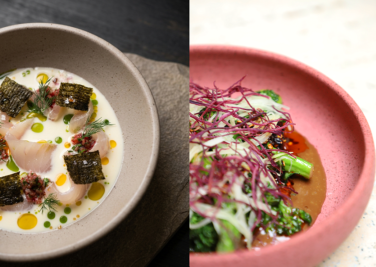 os pratos Peixe do Dia Yuzu Kosho Coentro, e Brócolis com Aspargos Misó | Foto: Tomás Rangel
