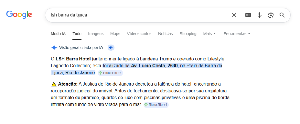 No site de pesquisa Google, ao pesquisar pelo nome do hotel, a informação deixa bem claro que o hotel encontra-se falido | Foto: reprodução/Google