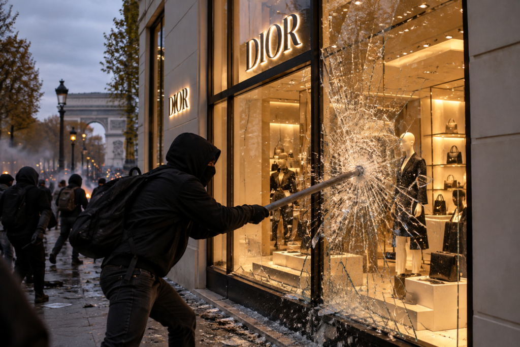 Vitrine da Dior sendo quebrada | Foto: I.A